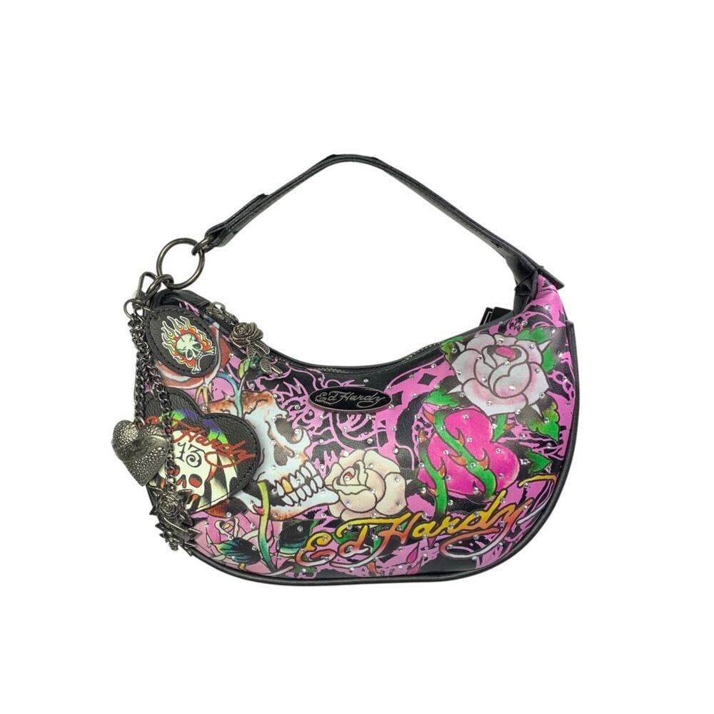 NWT Ed Hardy Skull Rhinestone Mini Hobo Bag Charms Pink Halloween Goth Purse
